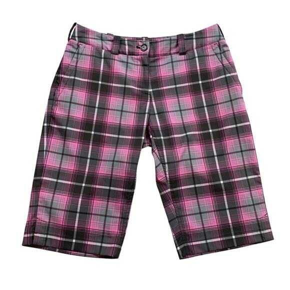 Nike Shorts Womens 6 Black Pink Plaid Golf Dri Fit Tour Performance Bermuda - Picture 1 of 13